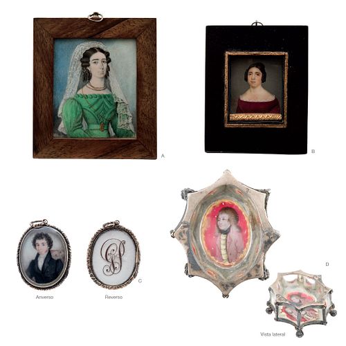 LOT OF FOUR MINIATURE PORTRAITS. SPAIN & FRANCE, 19th Century. Gouache on ivory plaque and eglomise.