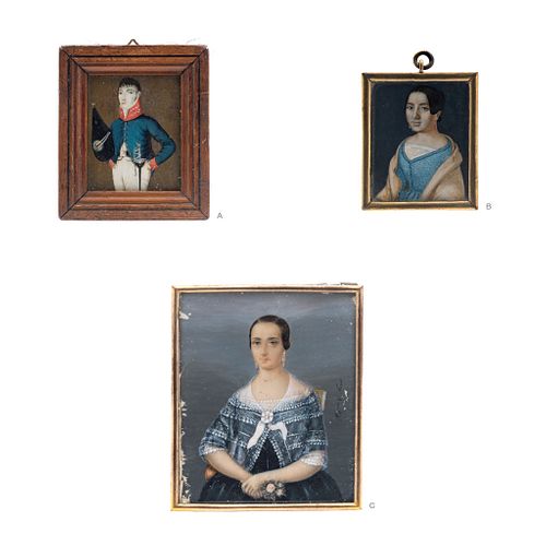 LOT OF THREE MINIATURE PORTRAITS. FRANCE & MEXICO, 19th Century. Gouache on ivory, oil on gutta-percha, and oil on copper plaque