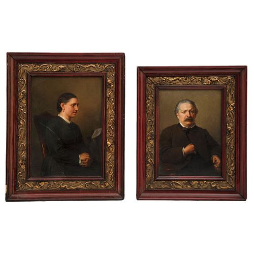 PORTRAITS OF LADY AND GENTLEMAN, MEX, 19th Century. Oil on wood. One w/reference "Monroy 1849". Another w/reference "F.MONROY"