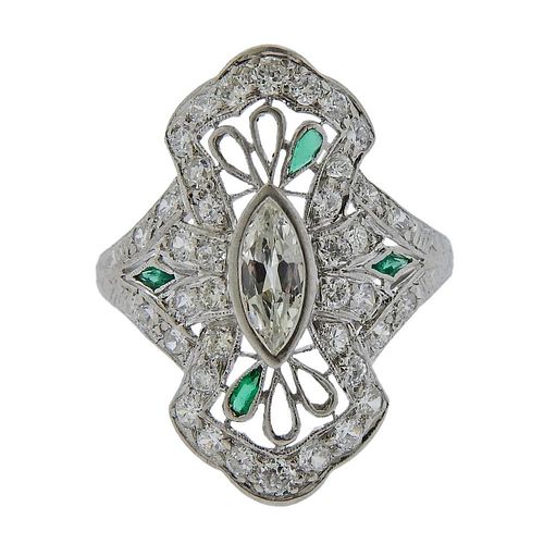 Art Deco Platinum Diamond Emerald Ring 