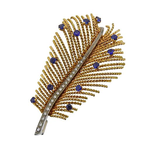 18k Gold Diamond Sapphire Feather Brooch Pin 