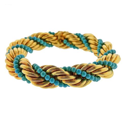 1960s 18k Gold Turquoise Rope Bracelet 