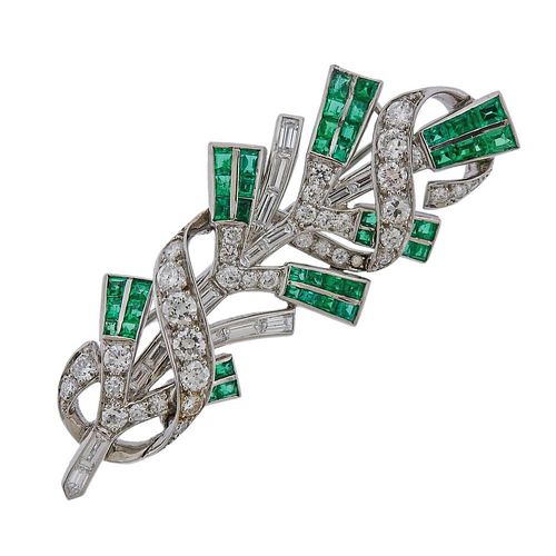 Tiffany &amp; Co Platinum Diamond Emerald Brooch Pin