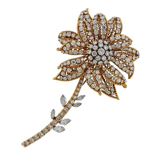 David Webb 18K Gold Platinum Diamond Flower Brooch