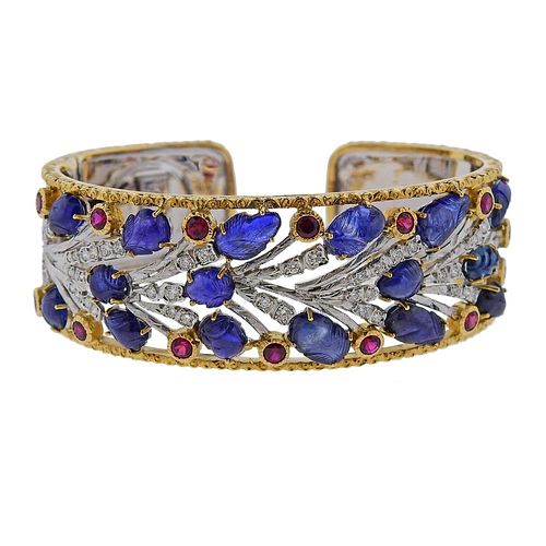 18k Gold Carved Sapphire Ruby Diamond Bracelet 