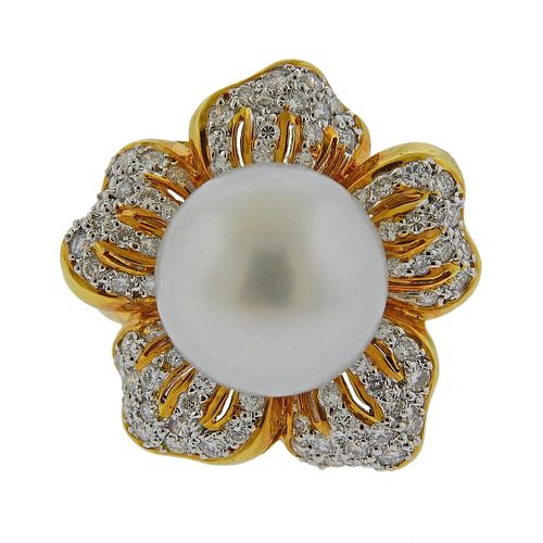 18K Gold Diamond South Sea Pearl Flower Ring