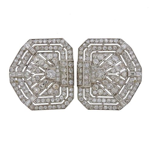Art Deco Platinum DIamond Clip Brooch Set 