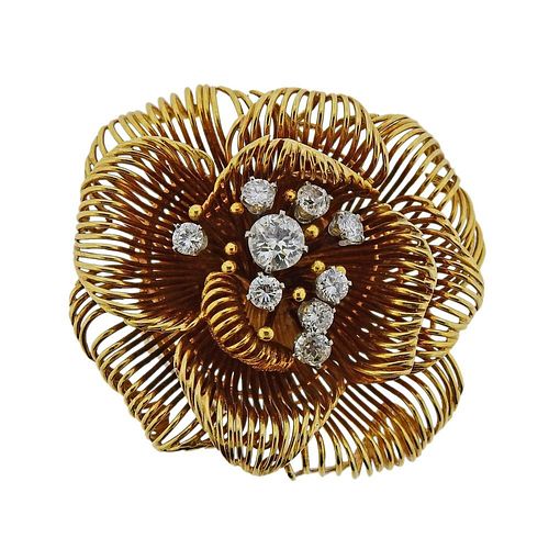 David Webb 18k Gold Diamond Rose Flower Brooch Pin 