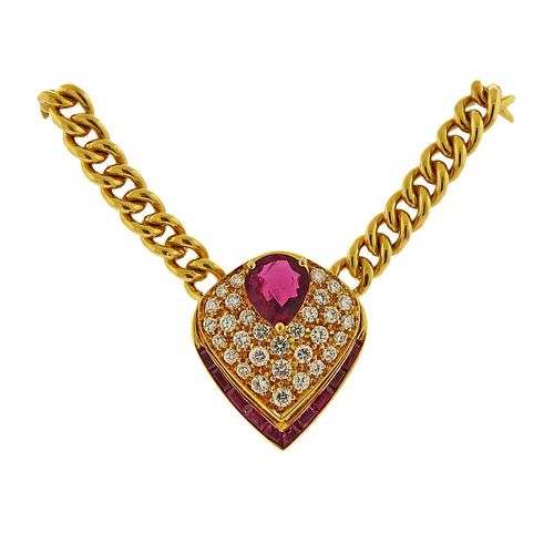 18k Gold Diamond Ruby Pendant on Necklace 
