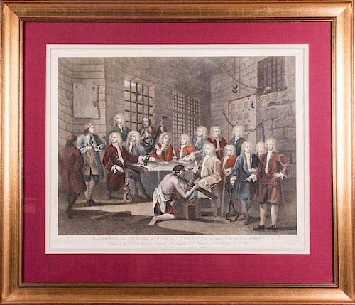 After William Hogarth (1697-1764) Bambridge on Trial for Murder by a Committee of the House of Commons, Color engraving.