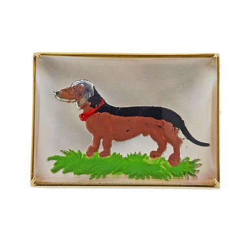 14k Gold Mother of Pearl Reverse Dog Painting Brooch 