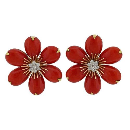 18k Gold Coral Diamond Flower Earrings