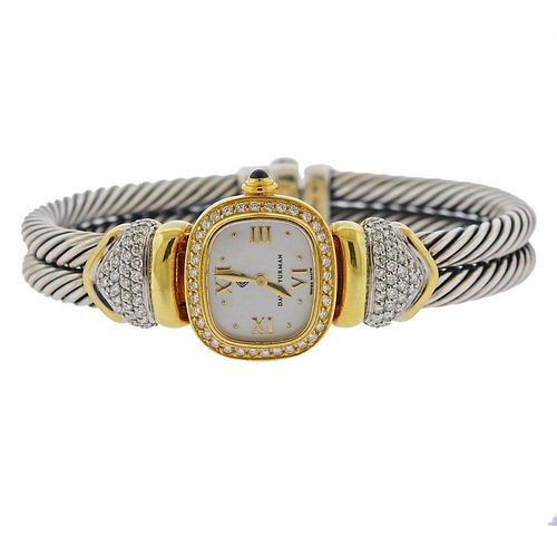 David Yurman 18k Gold Silver Mother of Pearl Diamond Watch Bracelet 