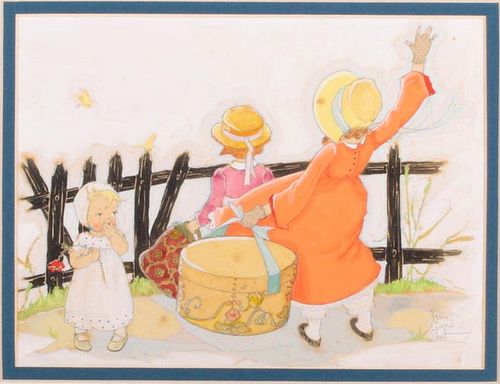 Fern Bisel Peat (1893-1971) Girls at Fence, Gouache on illustration board,