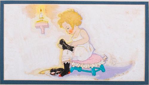 Fern Bisel Peat (1893-1971) Girl Tying Her Shoes, Gouache on illustration board,