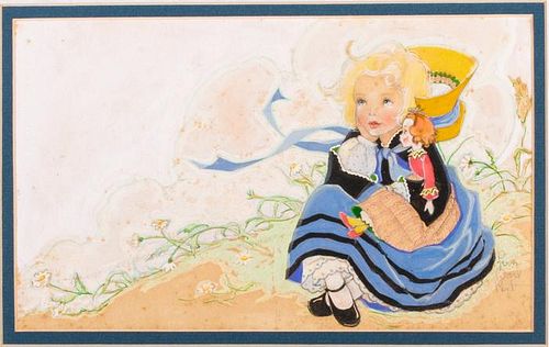 Fern Bisel Peat (1893-1971) Girl in Blue Dress Holding Doll, Gouache on illustration board,
