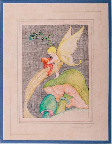 Fern Bisel Peat (1893-1971) A Child with Wings Holding a Fish Standing on a Mushroom, Gouache on illustration board,