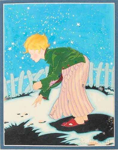Fern Bisel Peat (1893-1971) Boy in Pajamas in the Yard, Gouache on illustration board,