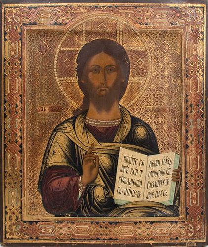 A Russian Gilded and Polychrome Painted Icon Depicting Jesus, 20th Century.