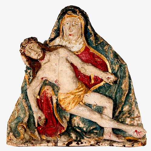 A Carved Hardwood Santos Figure Depicting the Pieta with Polychrome Decoration, 20th Century.