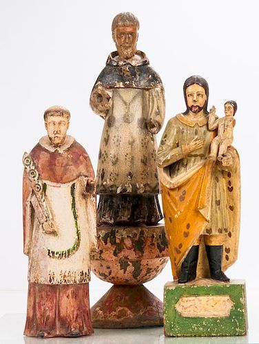 A Group of Three Carved Hardwood Santos Figures with Polychrome Decoration, 19th/20th Century.