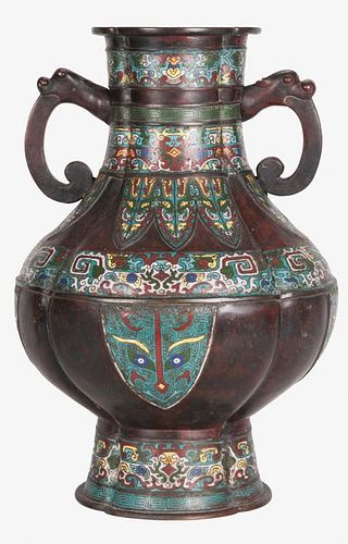 A Large Chinese Bronze and Cloisonné Double Handled Vase, 19th Century.