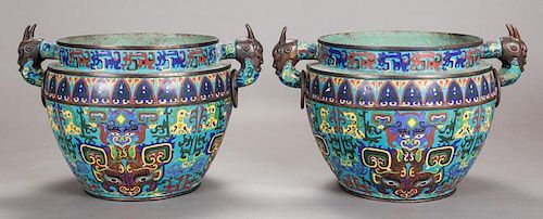 A Pair of Chinese Cloisonné Fish Bowls, 20th Century.