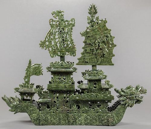 A Chinese Faux Jade Boat, 20th Century.
