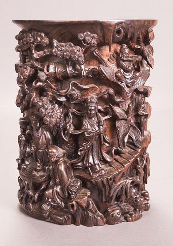 A Chinese Carved Elm Brush Pot, 20th Century,