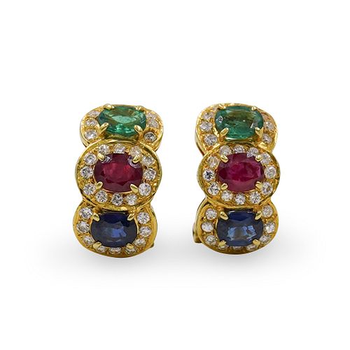 18k Gold Sapphire, Emerald, and Ruby Earrings