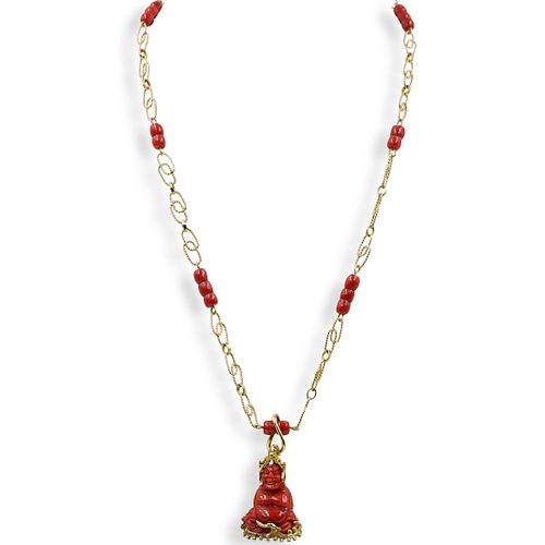 18k Gold and Coral Buddha Chain Necklace
