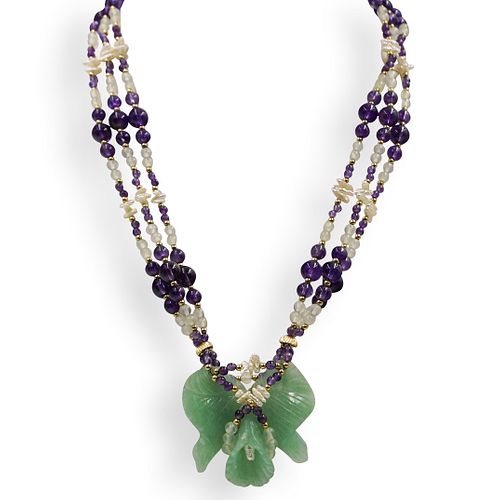 Carved Aventurine and Beaded Amethyst Necklace