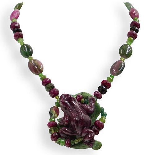 Carved Figural Ruby Beaded Necklace