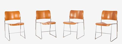 A Group of Four David Rowland 40/4 Laminated Wood on Chrome Frame Stacking Chairs, 20th Century.