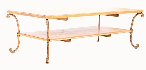A Contemporary Painted Wrought Metal and Pine Two Tier Low Table, 20th Century.
