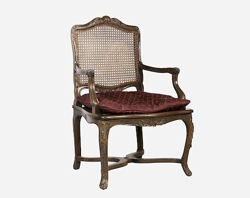 A French Provincial Style Mahogany Armchair with Caned Seat, 20th Century.