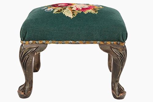 A Georgian Style Carved and Painted Hardwood Footstool with Needlework Upholstery, 20th Century.