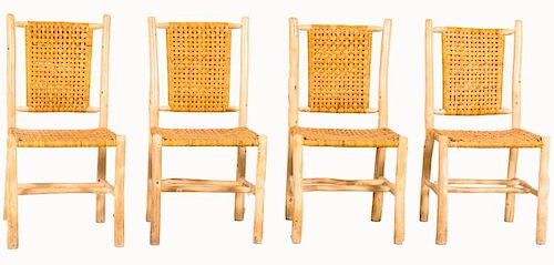 A Set of Four Rustic Pine Side Chairs with Woven Splint Seat and Back, 20th Century.