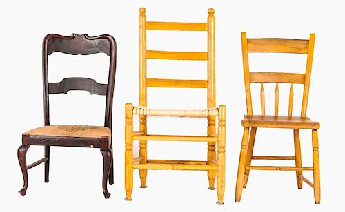 A Group of Three Rustic Side Chairs in Various Styles, 20th Century.