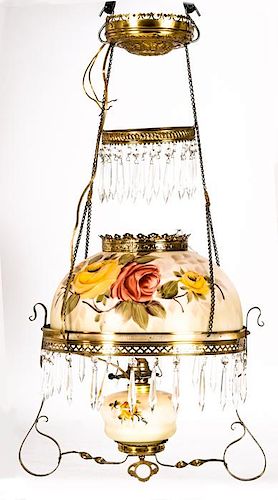 A Victorian Painted and Clear Glass and Brass Hanging Oil Lamp Light Fixture, 20th Century.