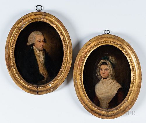 Anglo/American School, Late 18th Century      Pair of Framed Oval Portraits of a Man and Woman