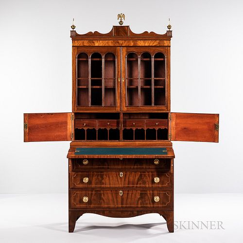 Federal Carved Mahogany and Mahogany Veneer Glazed Desk/Bookcase