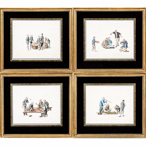 Set of Four Pictures Illustrating Forms of Chinese Gambling