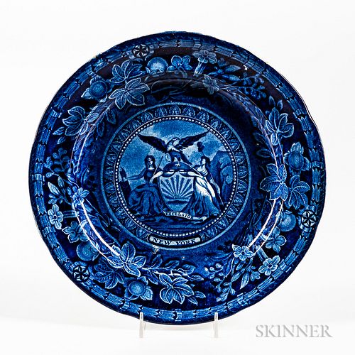 Staffordshire Historical Blue Transfer-decorated Arms of New York Plate