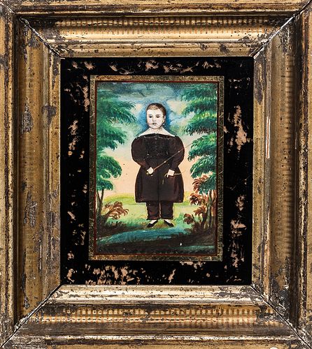 James Sanford Ellsworth (American, 1802/03-1874)      Miniature Portrait of a Boy Holding a Riding Crop in a Wooded Landscape