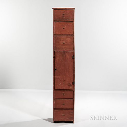 Tall Red-painted Pine Cupboard with Drawers