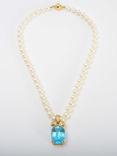 14K GOLD, BLUE TOPAZ, CULTURED PEARL AND DIAMOND NECKLACE