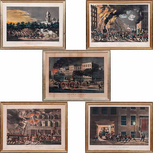 Set of Five Nathaniel Currier Large Folio The Life of a Fireman   Lithographs
