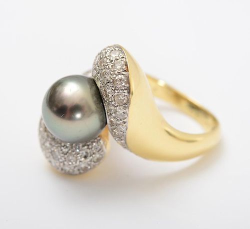 18K GOLD, CULTURED PEARL AND DIAMOND RING