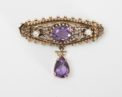 14K GOLD, AMETHYST AND SEED PEARL PIN